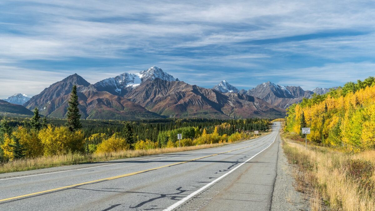 Rechte weg met herfstkleuren en bergpanorama langs de Alaska Highway in de VS – reizen met Explore