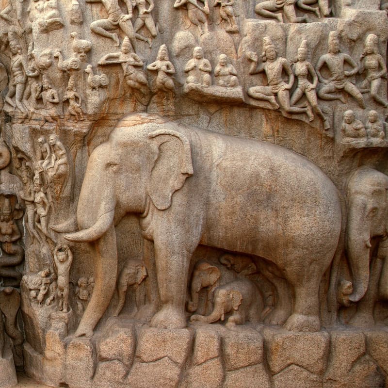 Tamil Nadu temple wall with elephant carvings