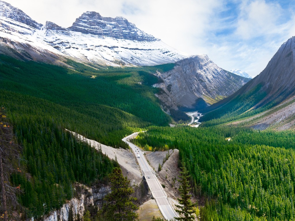 Weg door de Icefields Parkway in Alberta, Canada omringd door bergen en bossen – reizen met Explore.