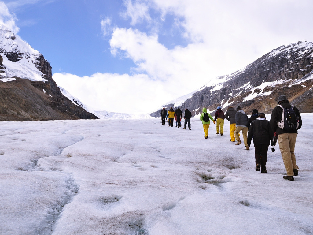 Group walking on Athabasca Glacier