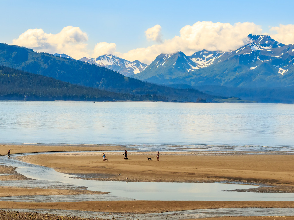 Homer, Alaska, strand met mensen en honden, bergen met sneeuw op de achtergrond – reizen met Explore.