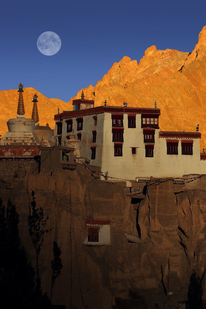 Mountain city in Ladakh under the full moon
